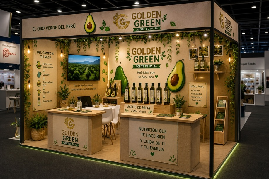 Stand Golden Green mostrando el proceso Del campo a tu mesa
