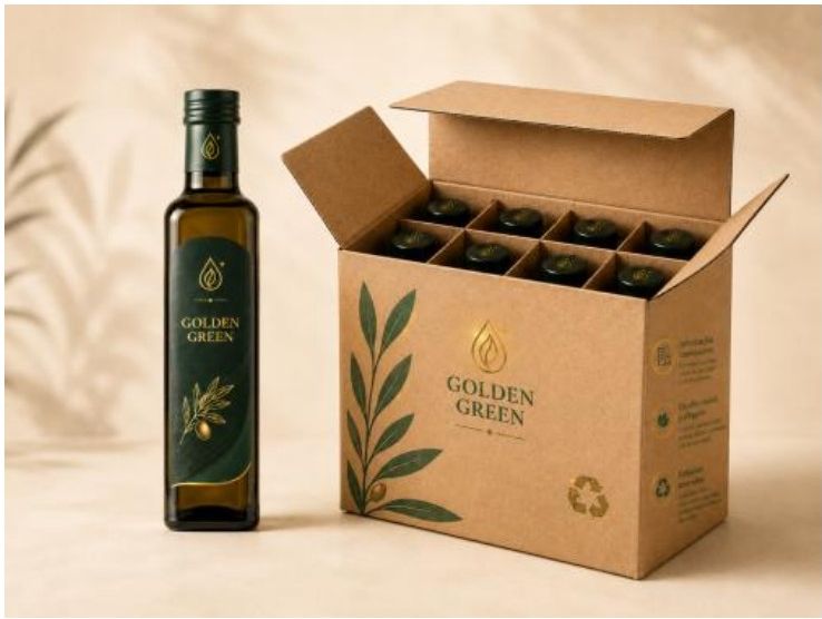 Botella de 250 ml de aceite de palta Golden Green junto a su caja de exportación