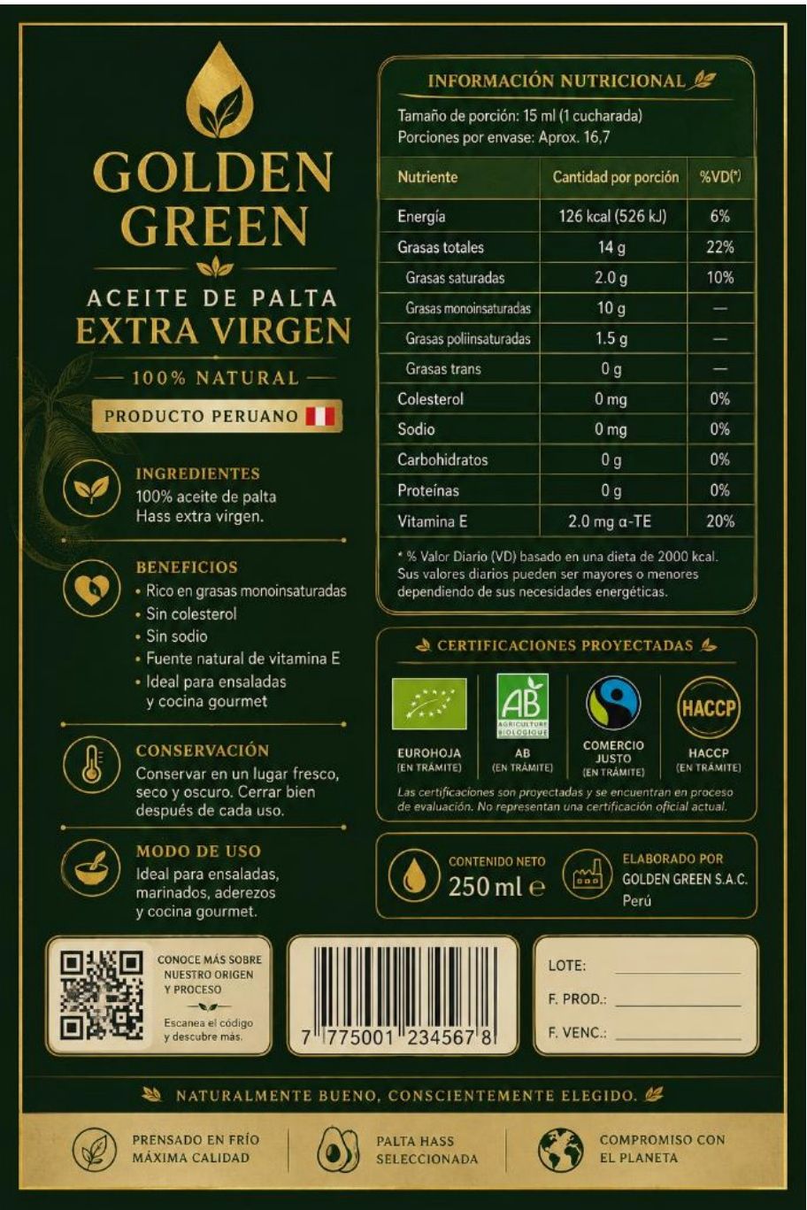 Etiqueta del aceite de palta Golden Green con información nutricional y certificaciones proyectadas